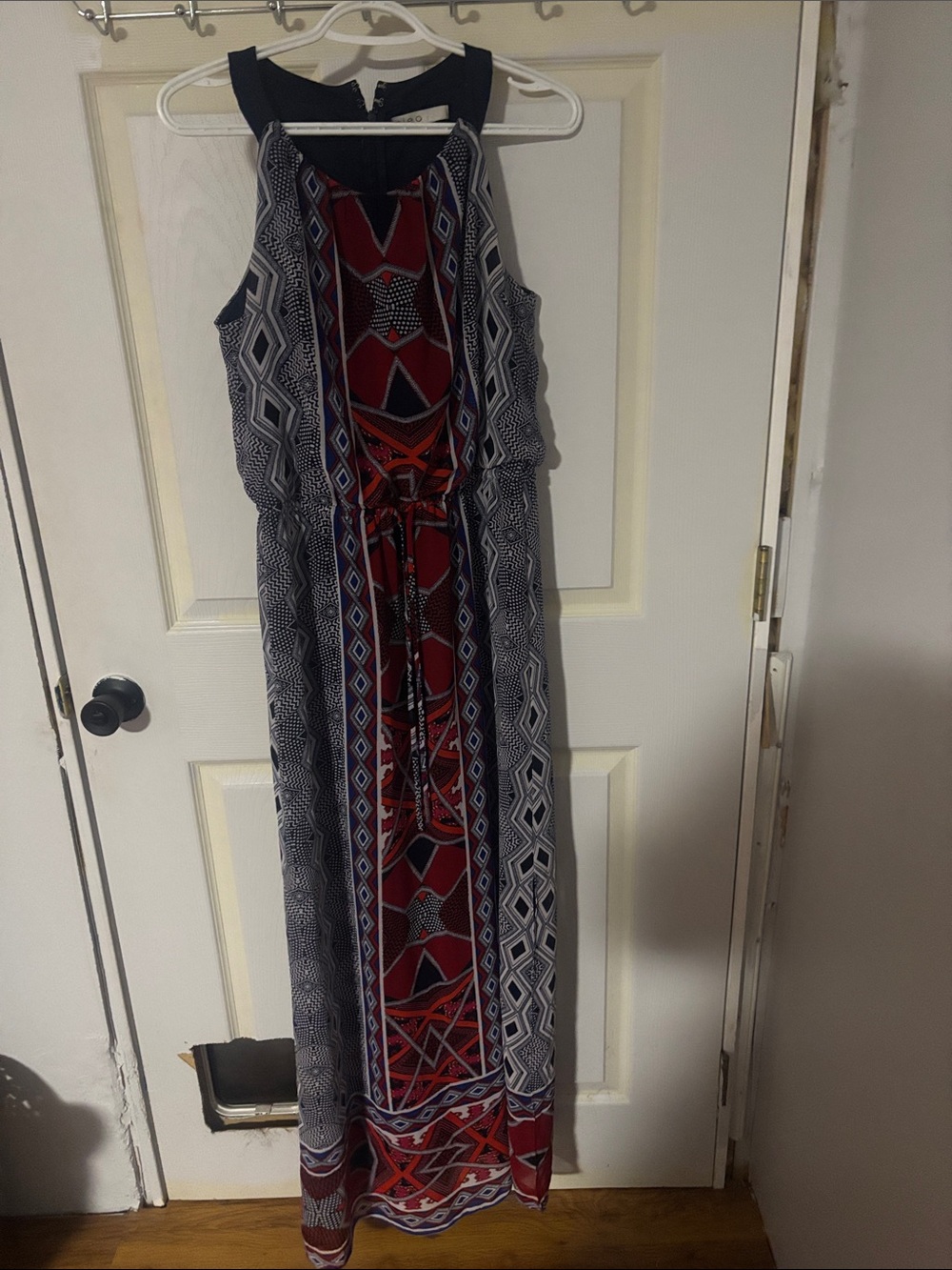 Cleo Navy and Red Geometric Halter Maxi Dress